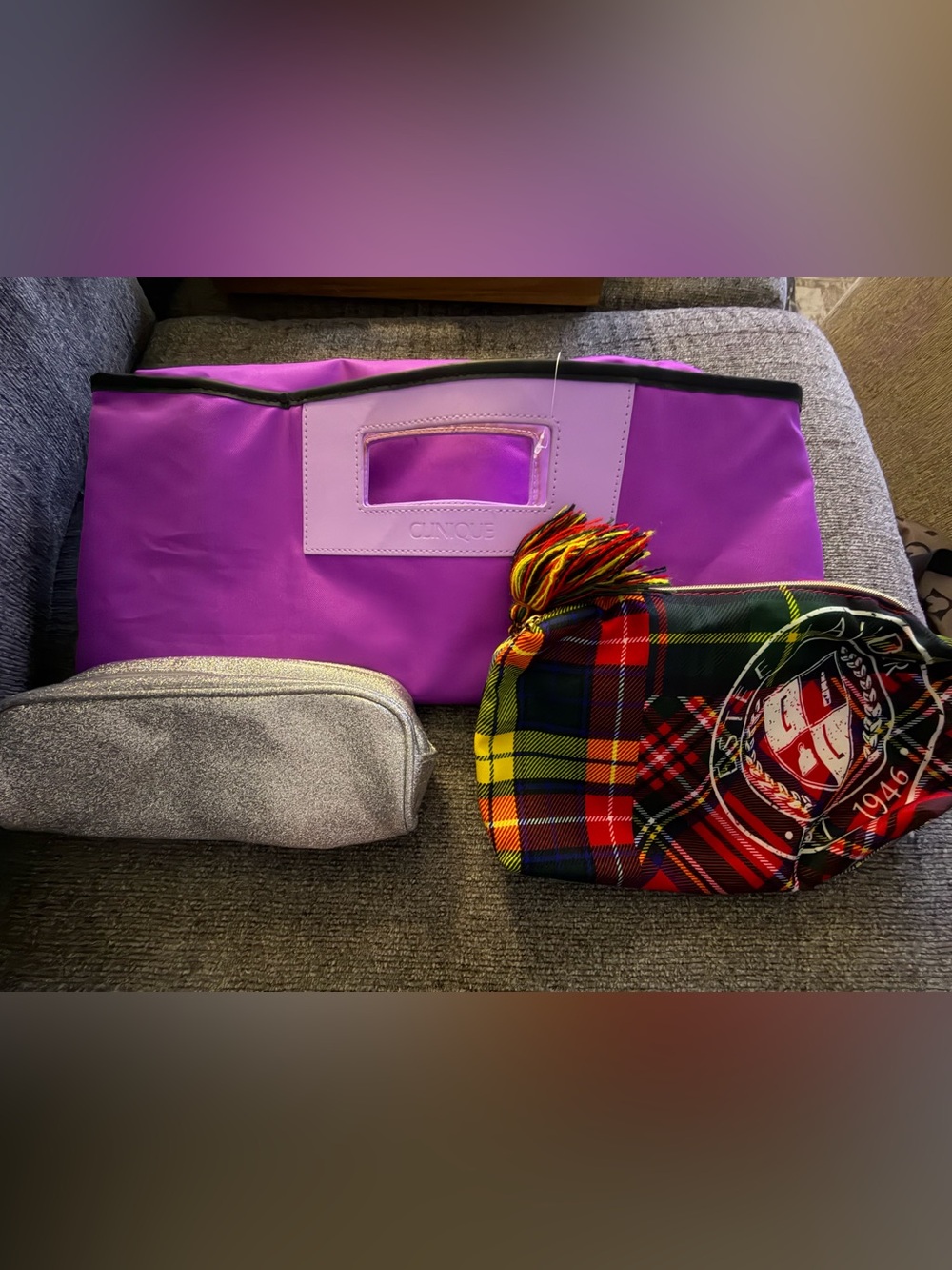 Clinique Violet Tote Cosmetic Bag bundle